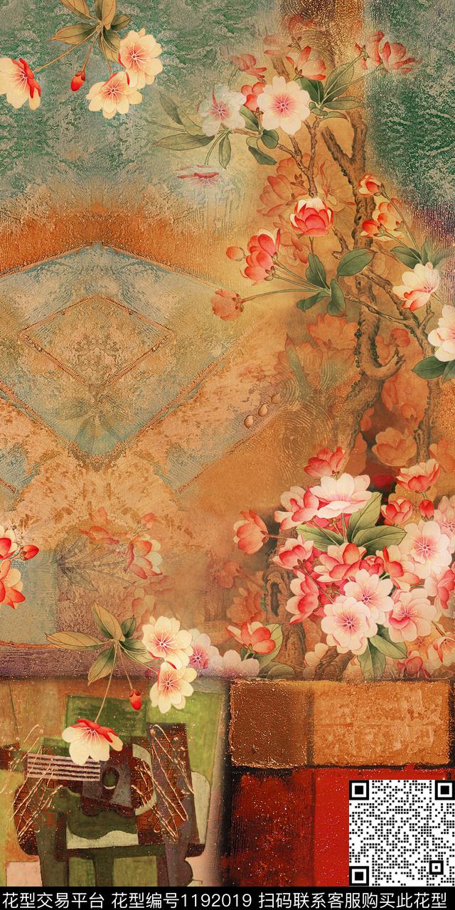 手绘花卉中国风定位花数码印花华亿平台下载（图片编号: 1192019） - 瓦栏（Walan）
