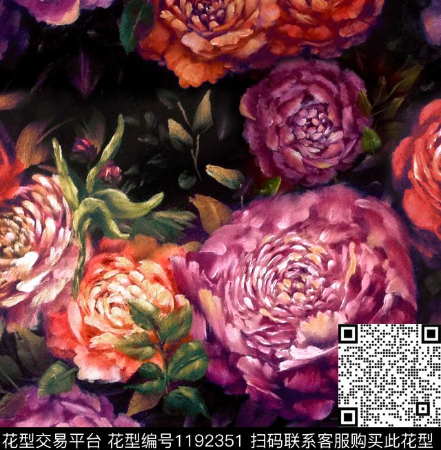 大牌风手绘大花牡丹数码印花华亿平台下载（图片编号: 1192351） - 瓦栏（Walan）