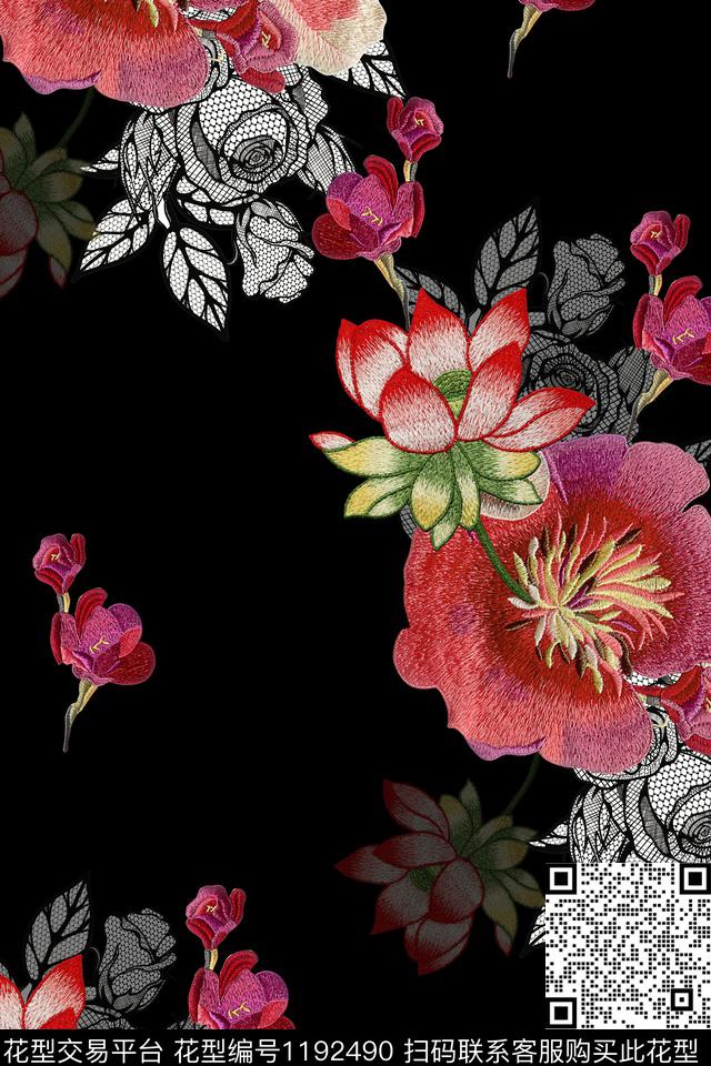 几何花卉黑底花卉绣花花卉数码印花华亿平台下载（图片编号: 1192490） - 瓦栏（Walan）