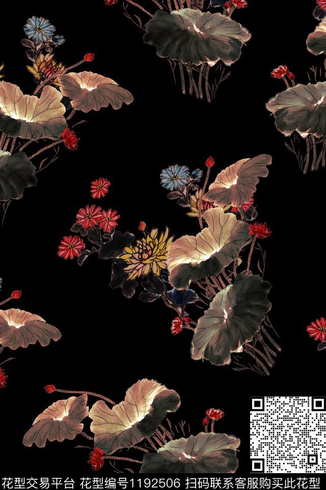 黑底花卉中国风花卉水墨风数码印花华亿平台下载（图片编号: 1192506） - 瓦栏（Walan）