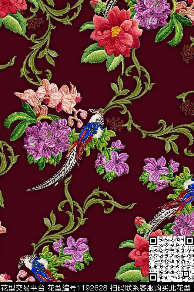 卷草花卉绣花华亿平台数码印花华亿平台下载（图片编号: 1192628） - 瓦栏（Walan）