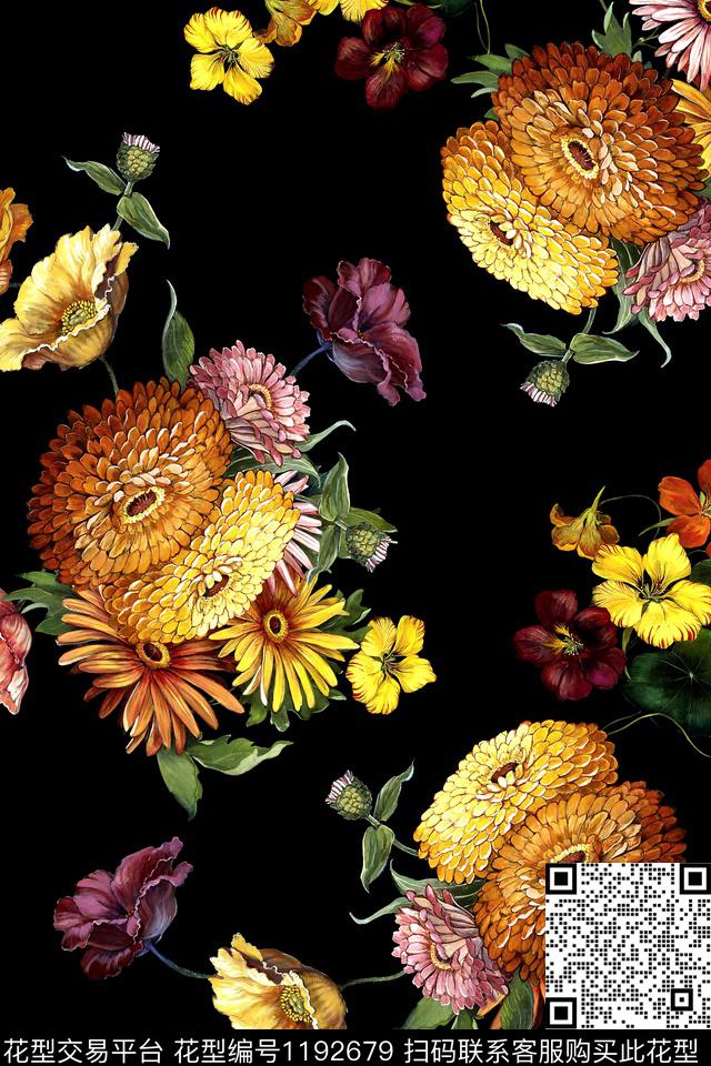时尚手绘花卉数码印花华亿平台下载（图片编号: 1192679） - 瓦栏（Walan）