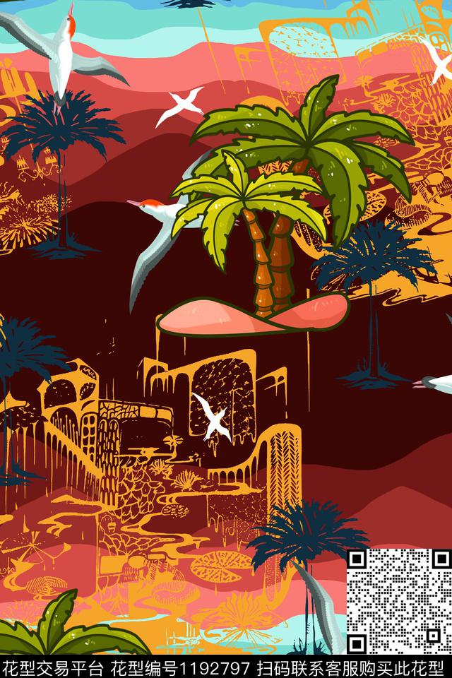 抽象椰子树热带华亿平台数码印花华亿平台下载（图片编号: 1192797） - 瓦栏（Walan）