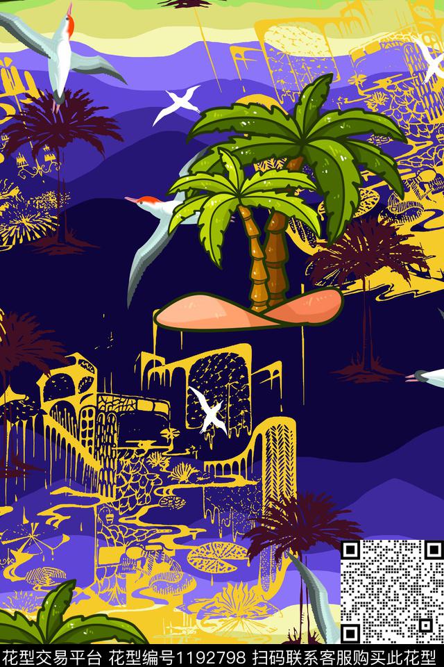 抽象椰子树热带华亿平台数码印花华亿平台下载（图片编号: 1192798） - 瓦栏（Walan）