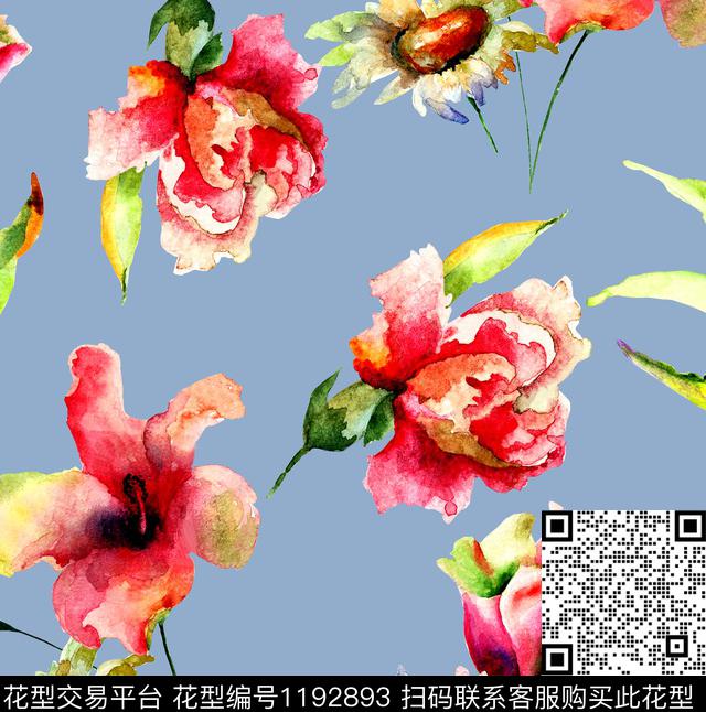 时尚春夏华亿平台水彩花卉数码印花华亿平台下载（图片编号: 1192893） - 瓦栏（Walan）
