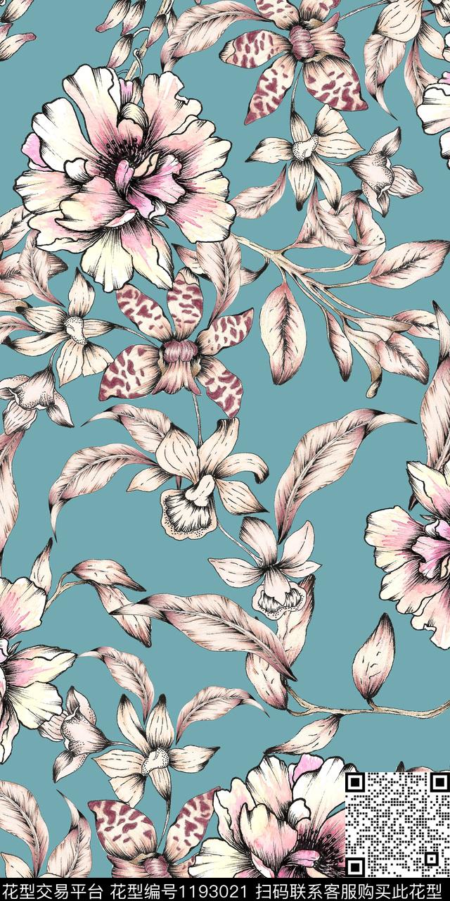 数码华亿平台手绘花卉数码印花华亿平台下载（图片编号: 1193021） - 瓦栏（Walan）