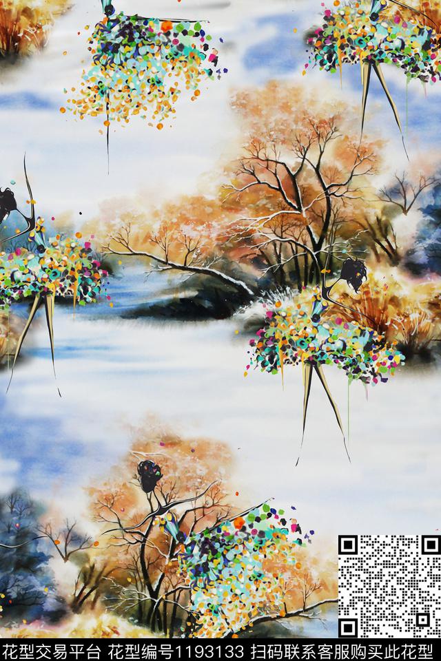 抽象水彩写意数码印花华亿平台下载（图片编号: 1193133） - 瓦栏（Walan）