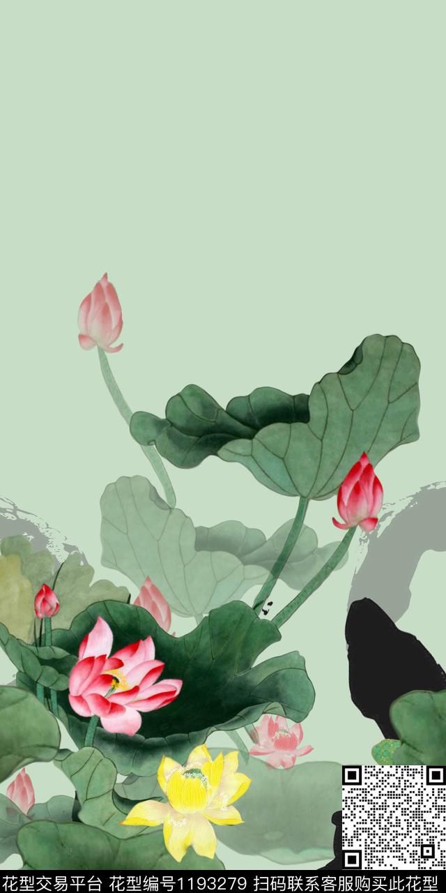 清爽底花卉中国风真丝数码印花华亿平台下载（图片编号: 1193279） - 瓦栏（Walan）