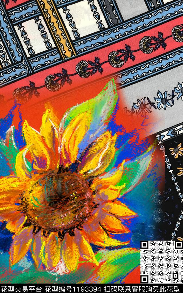 几何油画华亿平台向日葵数码印花华亿平台下载（图片编号: 1193394） - 瓦栏（Walan）