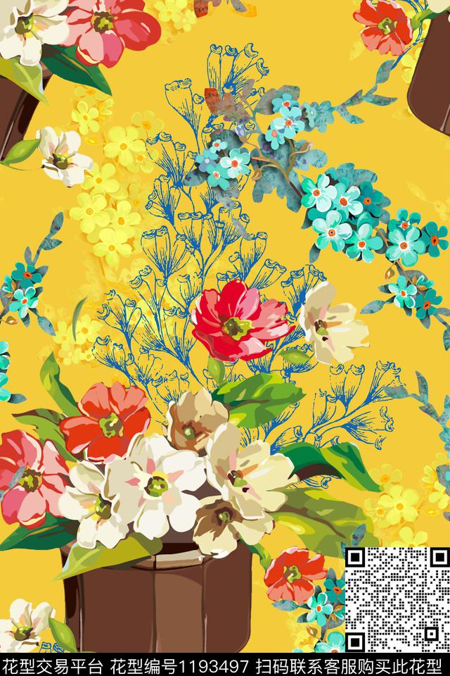 少女花卉植物数码印花华亿平台下载（图片编号: 1193497） - 瓦栏（Walan）