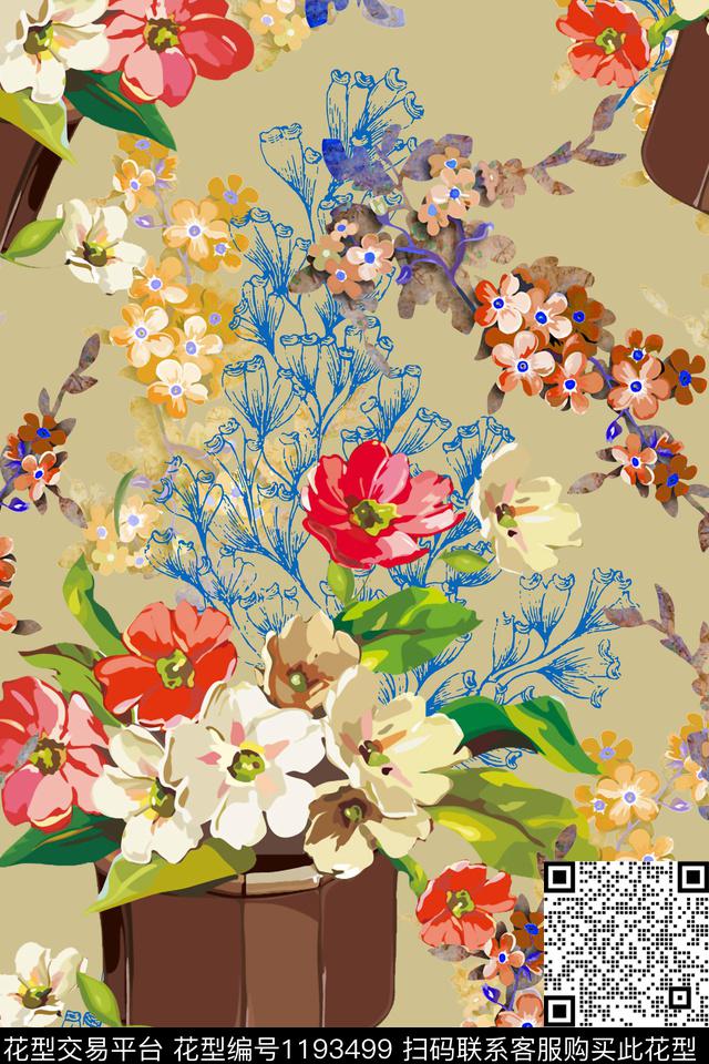 少女花卉植物数码印花华亿平台下载（图片编号: 1193499） - 瓦栏（Walan）