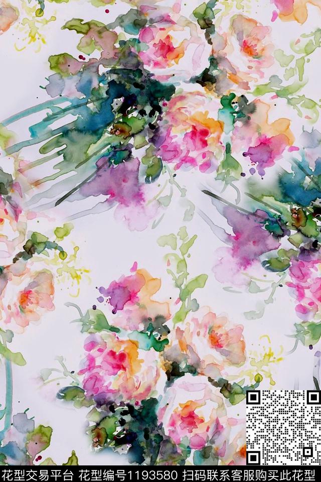 水彩花卉玫瑰花数码印花华亿平台下载（图片编号: 1193580） - 瓦栏（Walan）