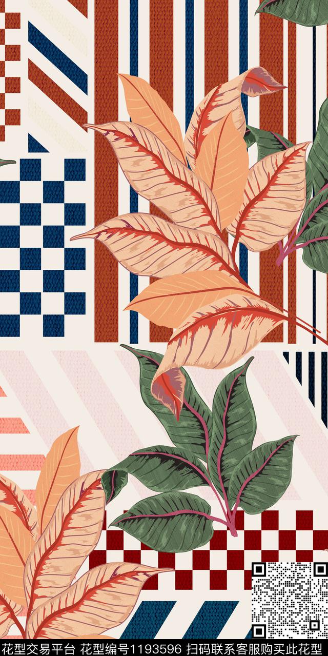 几何大牌风绿植树叶数码印花华亿平台下载（图片编号: 1193596） - 瓦栏（Walan）