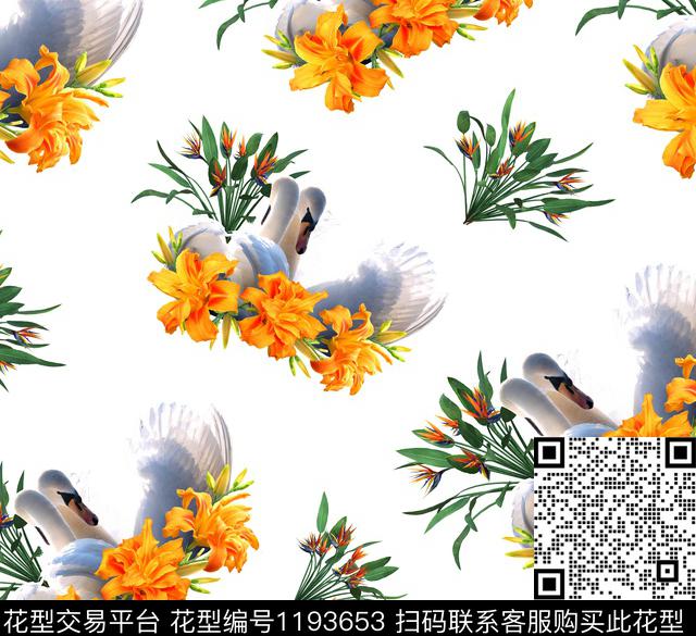 花卉天堂鸟天鹅数码印花华亿平台下载（图片编号: 1193653） - 瓦栏（Walan）