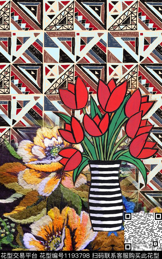 几何定位花民族花卉数码印花华亿平台下载（图片编号: 1193798） - 瓦栏（Walan）
