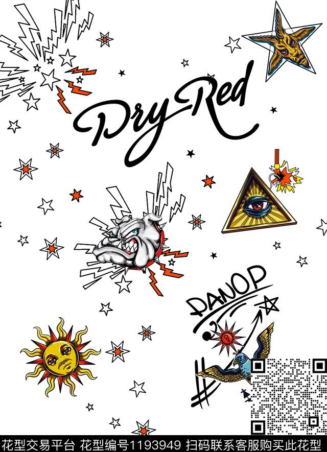 闪电五角星手绘字母狗头复古眼睛大阳数码印花华亿平台下载（图片编号: 1193949） - 瓦栏（Walan）