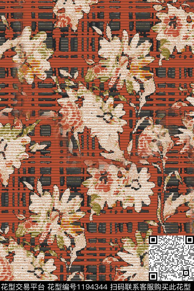 褪色花卉几何菊花数码印花华亿平台下载（图片编号: 1194344） - 瓦栏（Walan）