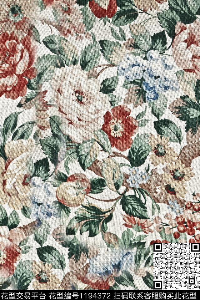 水彩花卉褪色花卉复古数码印花华亿平台下载（图片编号: 1194372） - 瓦栏（Walan）