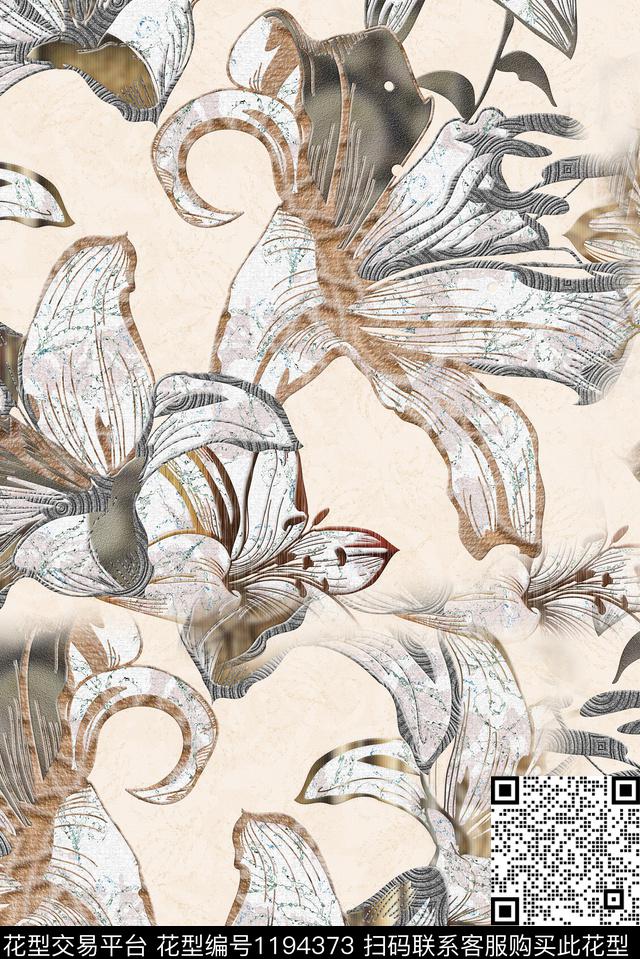 褪色花卉手绘大花百合数码印花华亿平台下载（图片编号: 1194373） - 瓦栏（Walan）