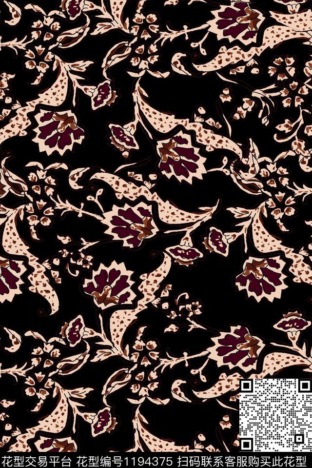 褪色花卉抽象复古数码印花华亿平台下载（图片编号: 1194375） - 瓦栏（Walan）