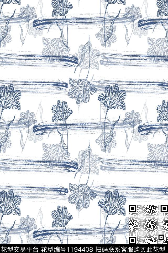 植物青蓝雅韵系列手绘线条笔触数码印花华亿平台下载（图片编号: 1194408） - 瓦栏（Walan）