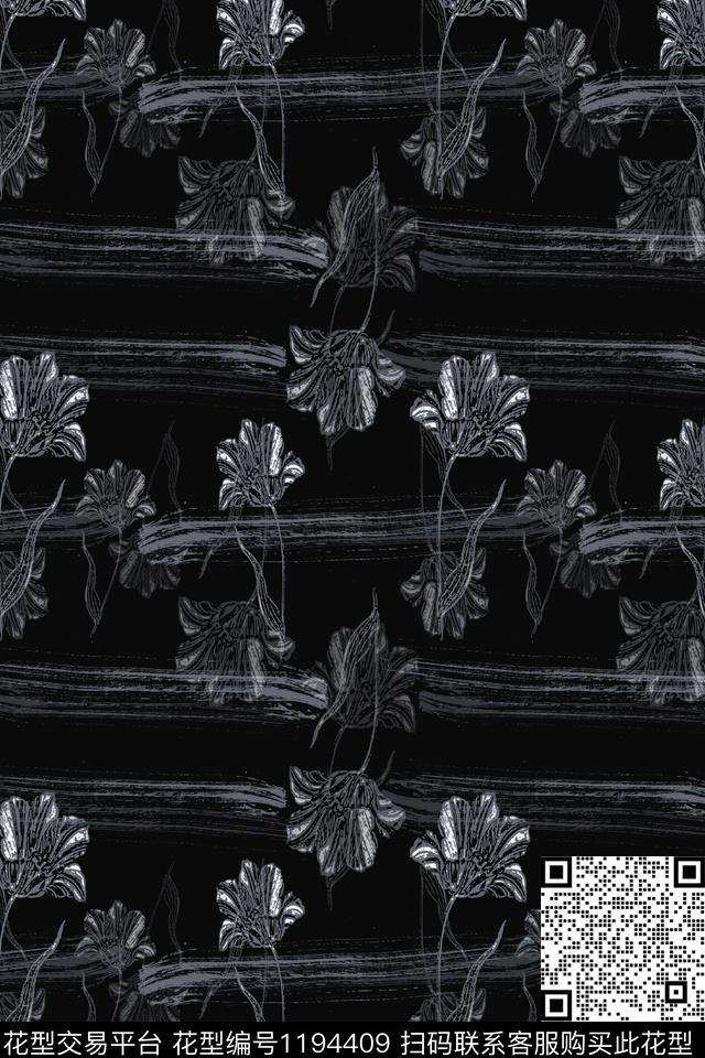 植物青蓝雅韵系列手绘线条笔触数码印花华亿平台下载（图片编号: 1194409） - 瓦栏（Walan）