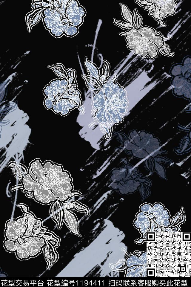 抽象花卉抽象青蓝雅韵系列数码印花华亿平台下载（图片编号: 1194411） - 瓦栏（Walan）