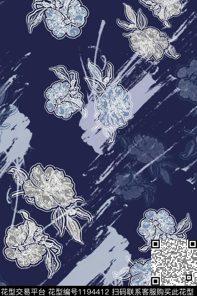 抽象花卉抽象青蓝雅韵系列数码印花华亿平台下载（图片编号: 1194412） - 瓦栏（Walan）