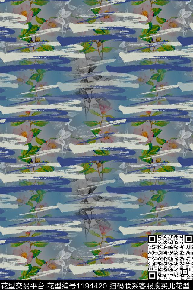手绘线条笔触青蓝雅韵系列植物数码印花华亿平台下载（图片编号: 1194420） - 瓦栏（Walan）