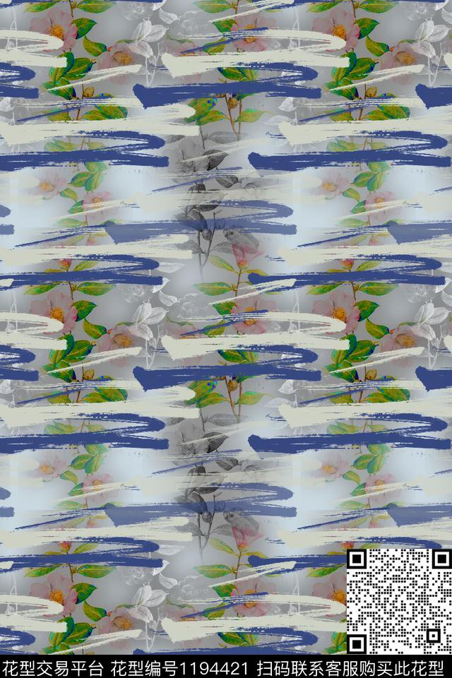 手绘线条笔触青蓝雅韵系列植物数码印花华亿平台下载（图片编号: 1194421） - 瓦栏（Walan）