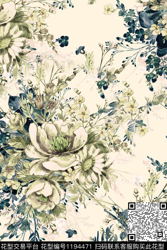 烂花华亿平台褪色花卉手绘花卉数码印花华亿平台下载（图片编号: 1194471） - 瓦栏（Walan）