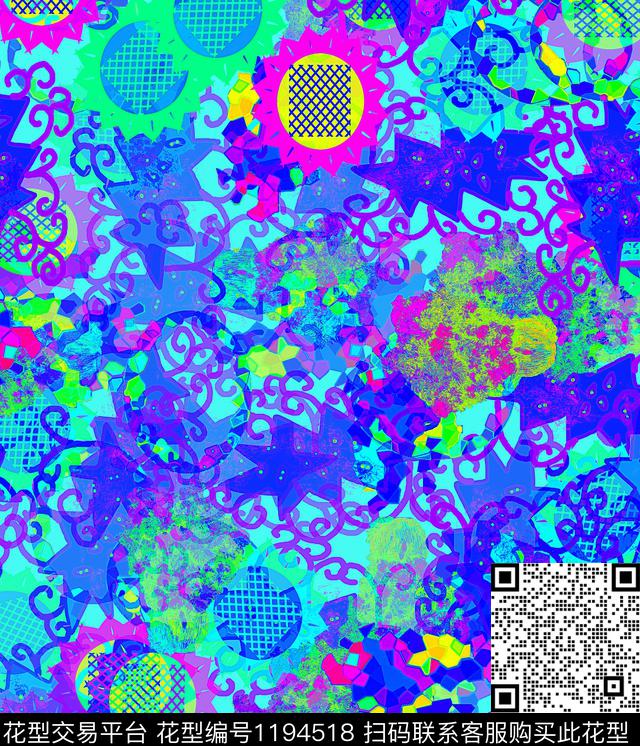 炫彩抽象手绘数码印花华亿平台下载（图片编号: 1194518） - 瓦栏（Walan）