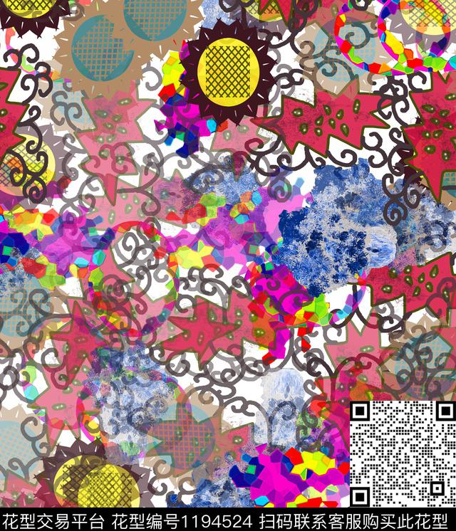 炫彩抽象手绘数码印花华亿平台下载（图片编号: 1194524） - 瓦栏（Walan）