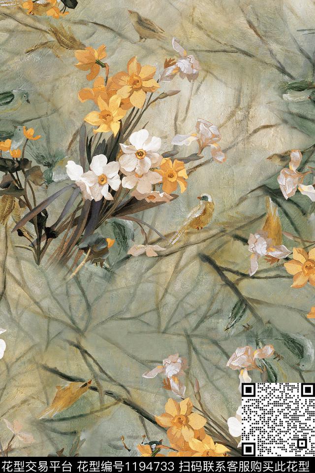 树枝花卉复古数码印花华亿平台下载（图片编号: 1194733） - 瓦栏（Walan）