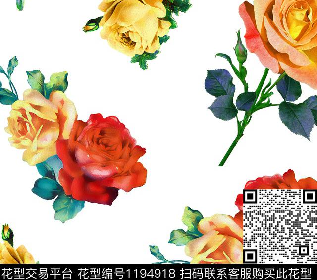 清爽底花卉油画华亿平台玫瑰花数码印花华亿平台下载（图片编号: 1194918） - 瓦栏（Walan）