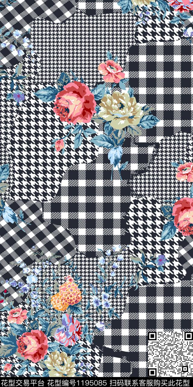 花卉大牌风千鸟格数码印花华亿平台下载（图片编号: 1195085） - 瓦栏（Walan）