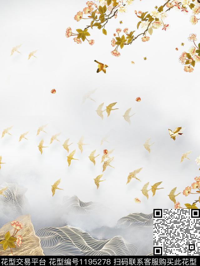 定位花线条花鸟数码印花华亿平台下载（图片编号: 1195278） - 瓦栏（Walan）