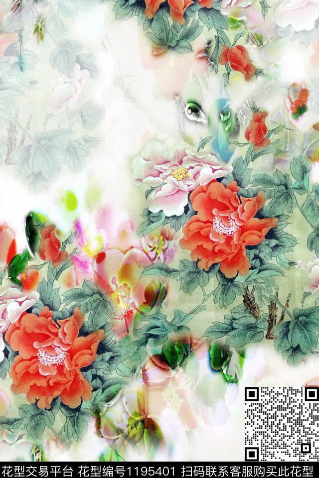 旗袍牡丹印花牡丹数码印花华亿平台下载（图片编号: 1195401） - 瓦栏（Walan）