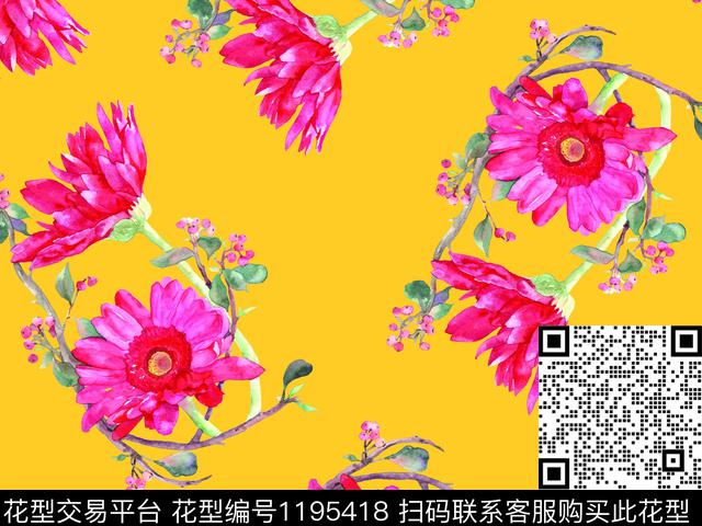 手绘花卉漂亮散点排列数码印花华亿平台下载（图片编号: 1195418） - 瓦栏（Walan）