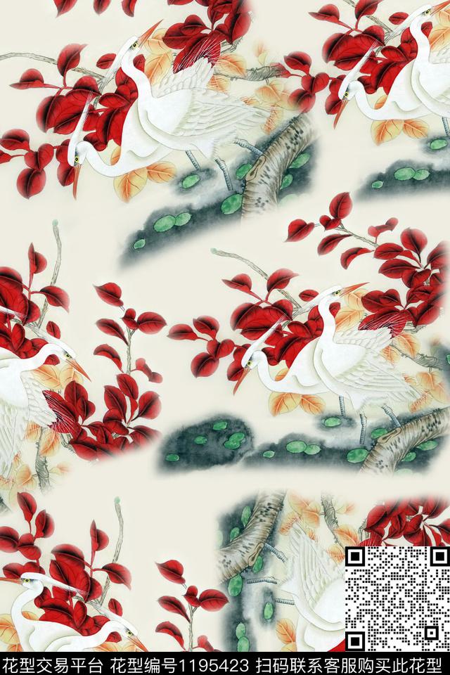 仙鹤花鸟风景景观数码印花华亿平台下载（图片编号: 1195423） - 瓦栏（Walan）