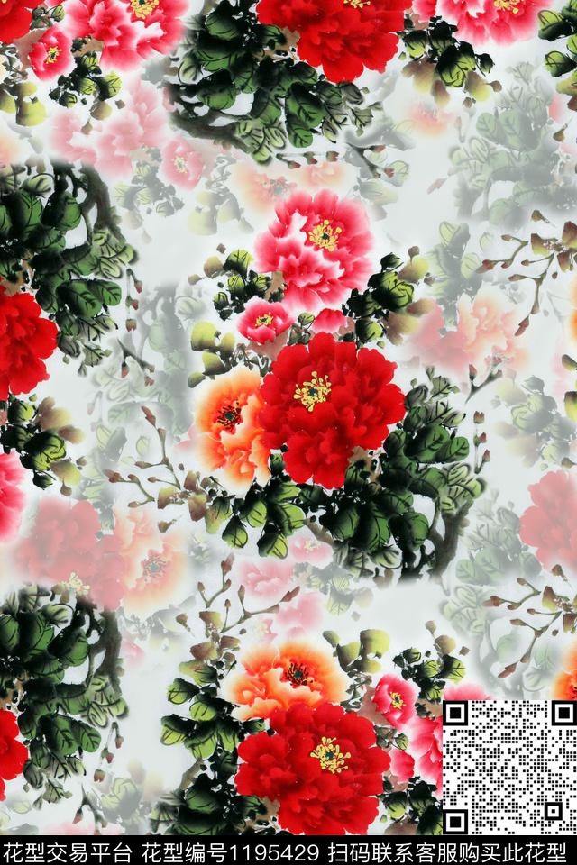 旗袍牡丹印花牡丹数码印花华亿平台下载（图片编号: 1195429） - 瓦栏（Walan）