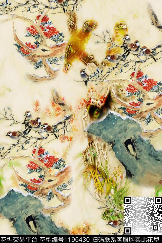 女装花鸟手绘花鸟数码印花华亿平台下载（图片编号: 1195430） - 瓦栏（Walan）