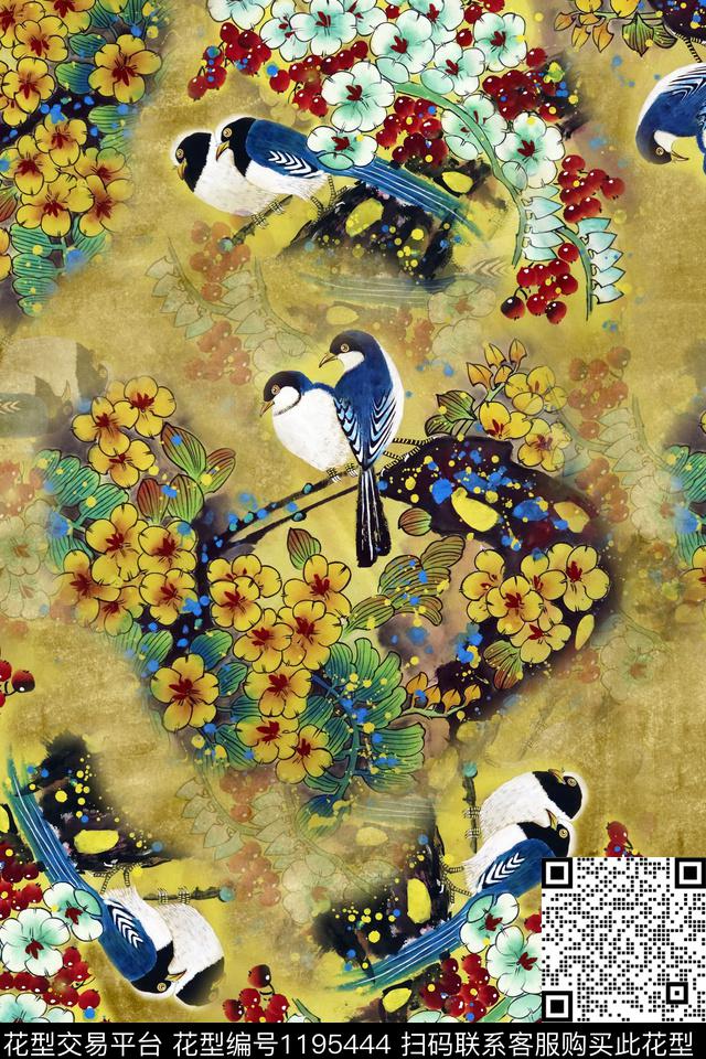 女装花鸟手绘花鸟数码印花华亿平台下载（图片编号: 1195444） - 瓦栏（Walan）