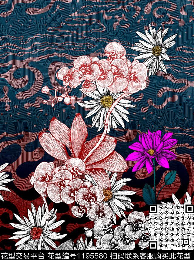 抽象花卉大牌风传统印花华亿平台下载（图片编号: 1195580） - 瓦栏（Walan）
