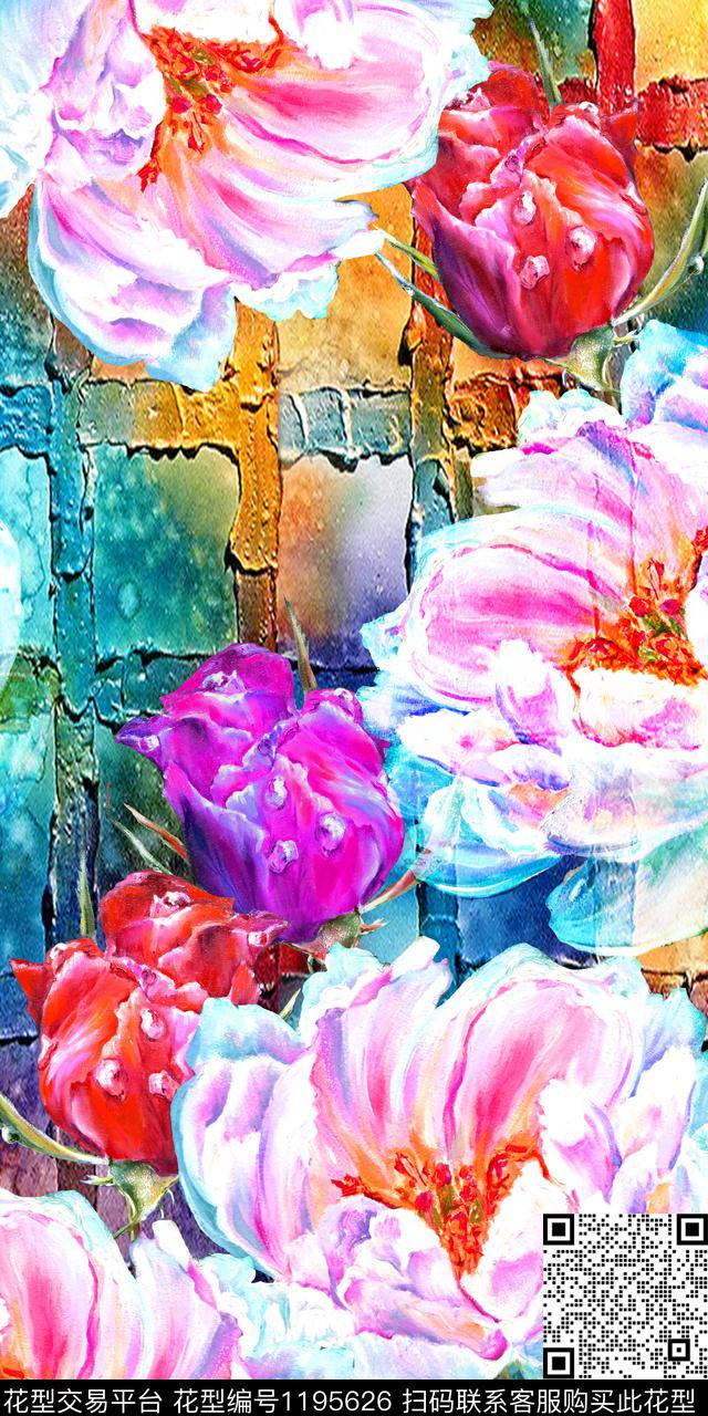 洋阳---花卉水彩肌理格子花卉丝绸真丝数码印花华亿平台下载（图片编号: 1195626） - 瓦栏（Walan）
