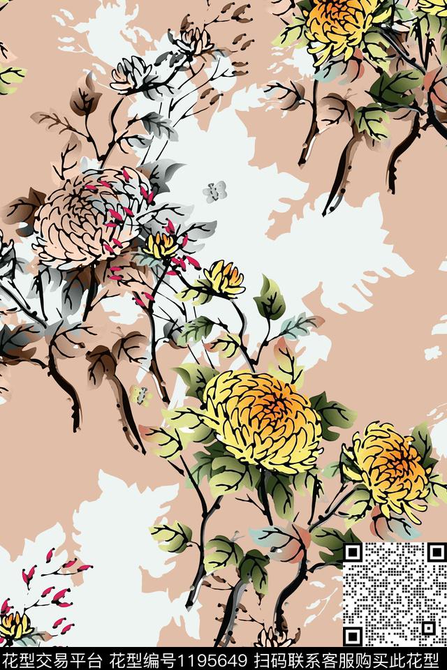 文艺花卉素雅数码印花华亿平台下载（图片编号: 1195649） - 瓦栏（Walan）