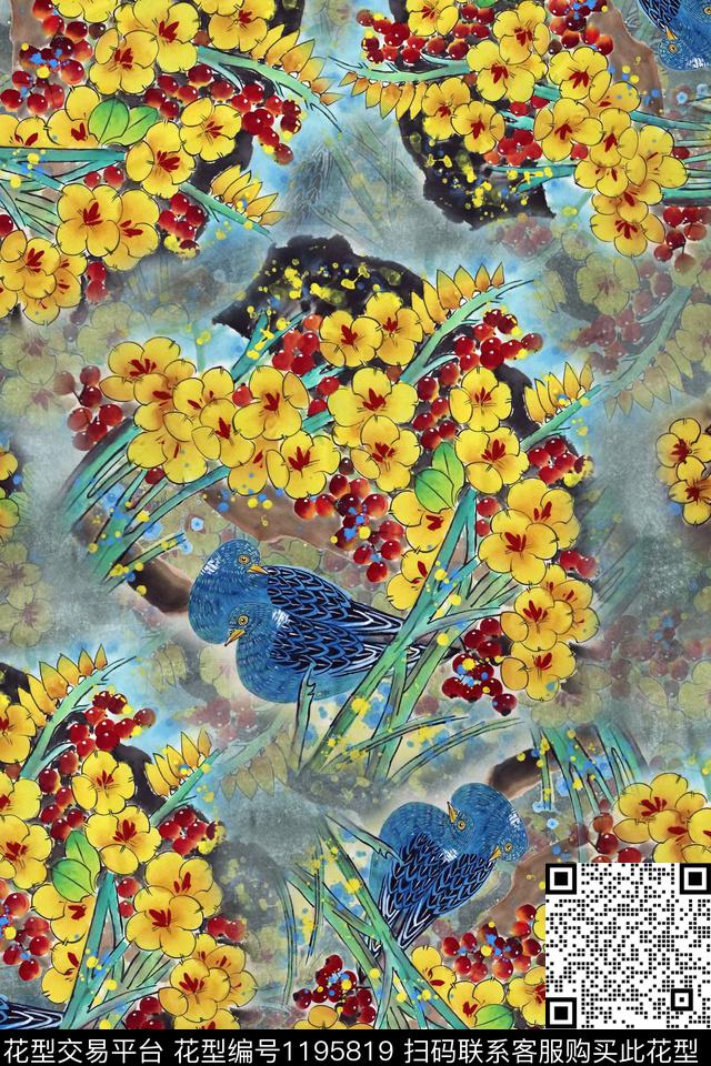 女装花鸟手绘花鸟数码印花华亿平台下载（图片编号: 1195819） - 瓦栏（Walan）