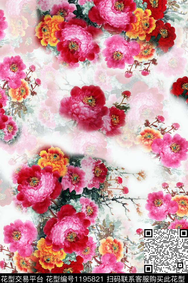 旗袍牡丹印花牡丹数码印花华亿平台下载（图片编号: 1195821） - 瓦栏（Walan）