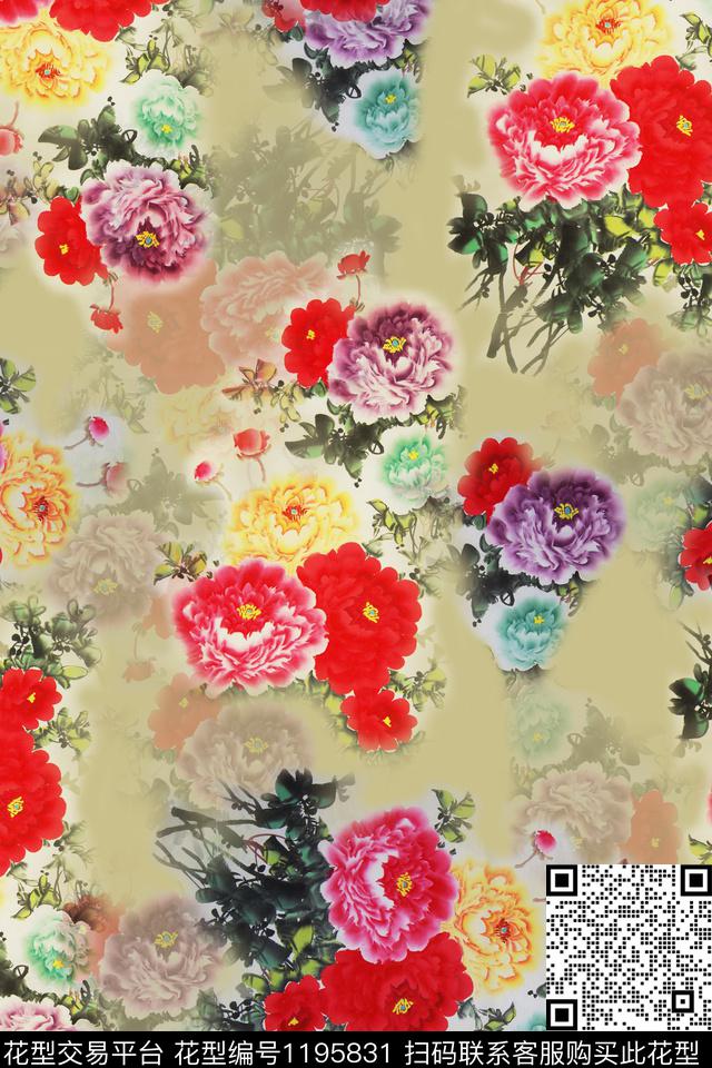 旗袍牡丹印花牡丹数码印花华亿平台下载（图片编号: 1195831） - 瓦栏（Walan）