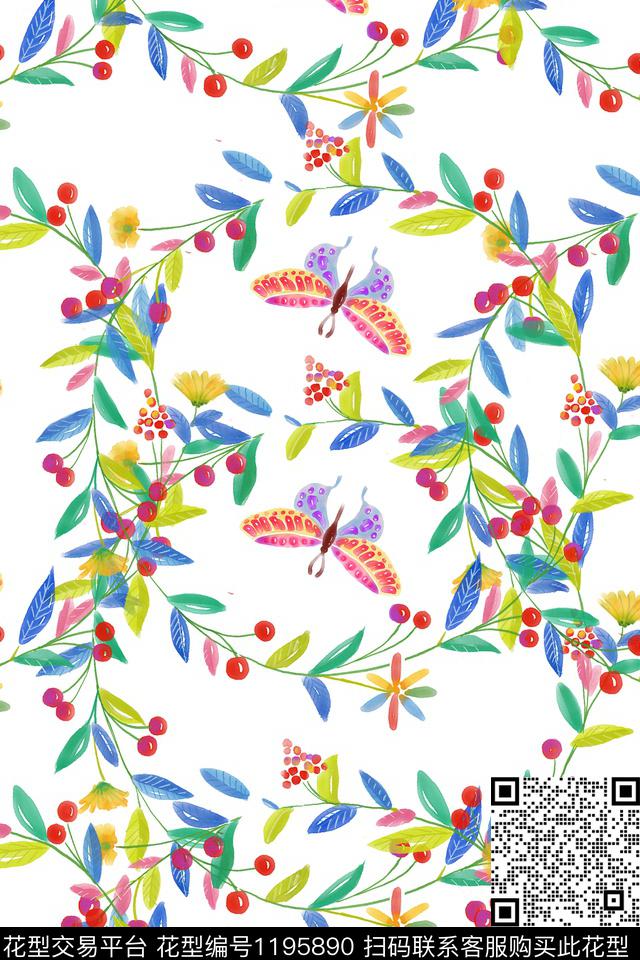 水彩蝴蝶花瓣数码印花华亿平台下载（图片编号: 1195890） - 瓦栏（Walan）